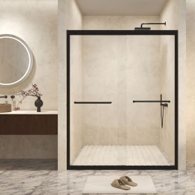 56-60 " x 72" Tempered Glass with Explosion Proof Film, Aluminum Frame Double Sliding Shower Door, "1/4 (6 mm), Stainless Steel handle, Matte Bla