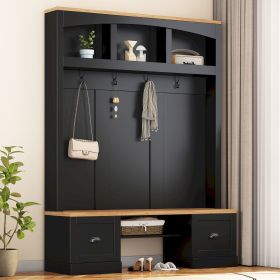 ON-TREND Farmhouse 4-in-1 Hall Tree with Wood Grain Bench and Top, Multifunctional Coat Rack with Black Hooks and Shell Handles