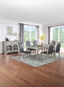 Traditional Formal Silver / Grey Finish 7pc Dining Set Table w 6x Side Chairs Rubber wood Intricate Design Tufted back Cushion Seat Dining Room F