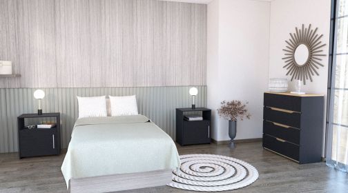 3 Piece Bedroom Set, Aralia Drawer Dresser, 2 Omaha Nightstands, Black / Light Oak (Color: as Pic)