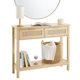VEVOR Rattan Console Table with 2 Storage Drawers Rattan Sliding Door Natural (Form: With Shelf, Color: Wood Color)