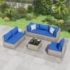 7 Pieces Outdoor Patio Furniture Set, Wicker Patio Conversation Sectional Sofa Set, All Weather PE Rattan Sofa with Glass Table and Cushions